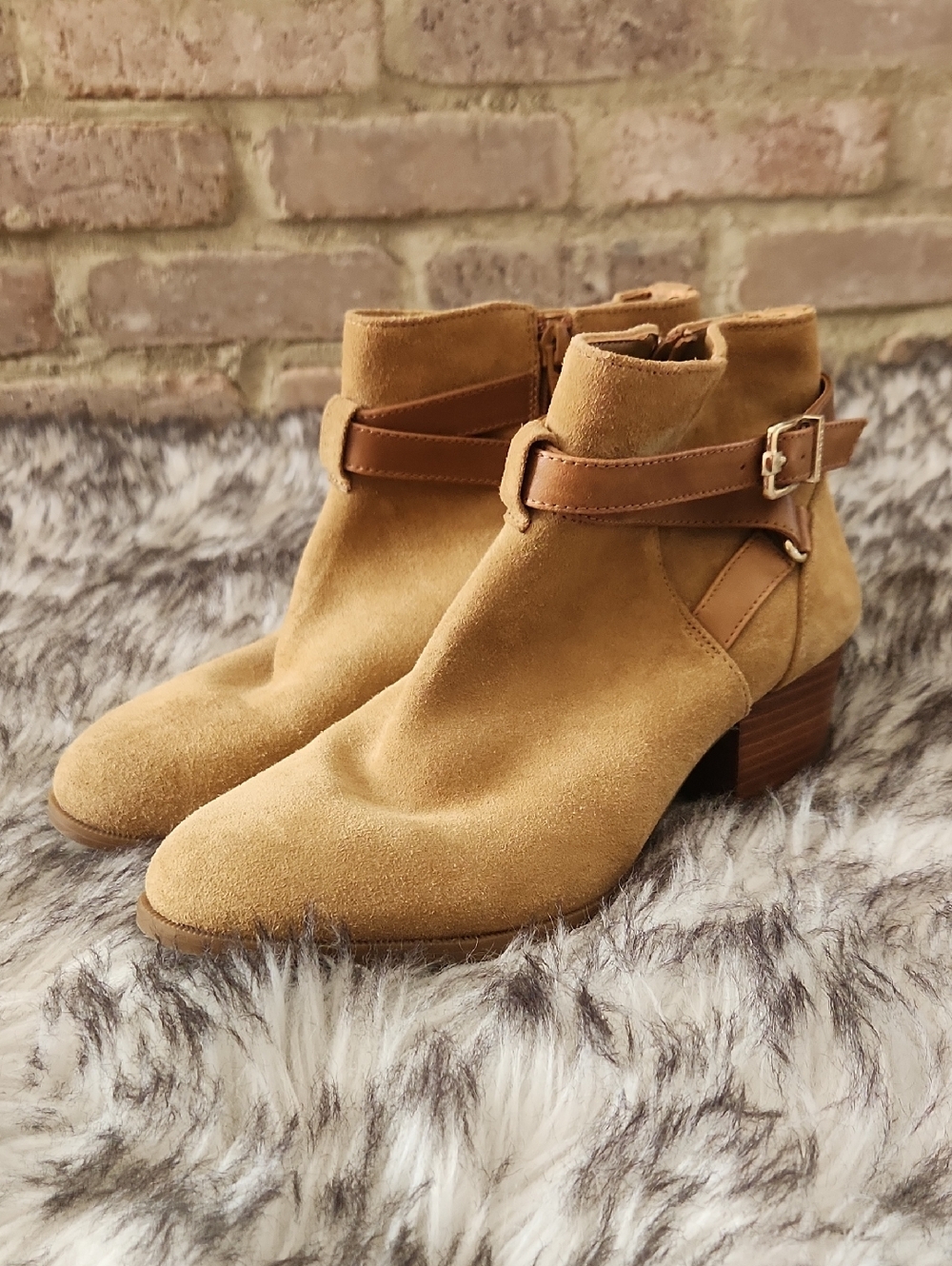 Alex Marie Tan Suede Block Heel Booties